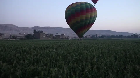Hot air balloon flying low over a field, Luxor, Egypt Stock Footage 38730843