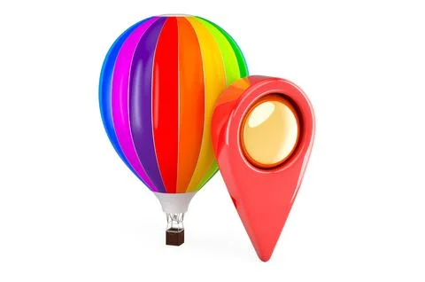 Hot air balloon with map pointer, 3D rendering Stock Illustration