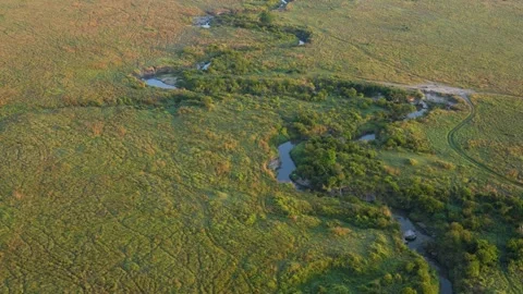 Hot Air Balloon Over River and Savanna in Maasai Mara National Reserve Kenya. Stock Footage 320730561