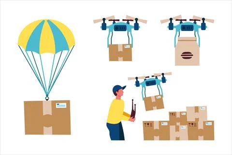 Hot air balloon package drone delivering a package courier flying a drone with a イラスト素材