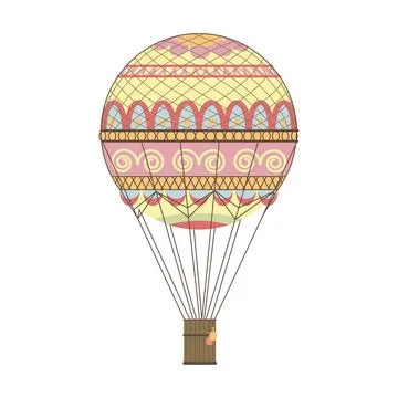 Hot air balloon with pattern and basket for sky adventure, color line drawing Stock Illustration