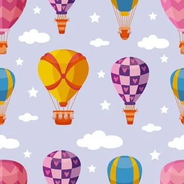 Hot air balloon seamless pattern. Travel balloons flying in sky, white clouds イラスト素材