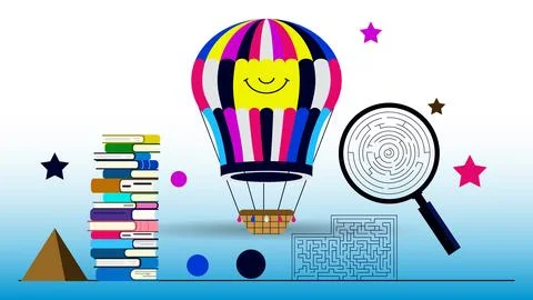 Hot air balloon stack of books magnifying glass with education, learning Stock-Illustration