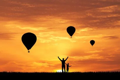 Hot air balloon at sunset Stock Illustration