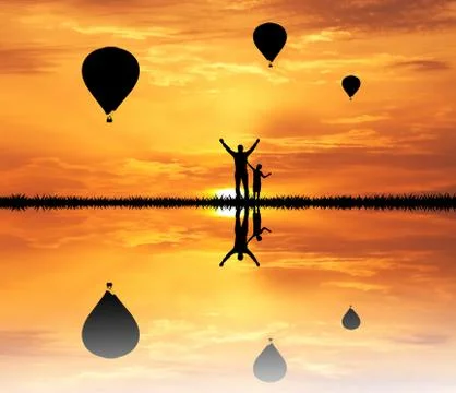 Hot air balloon at sunset Stock Illustration