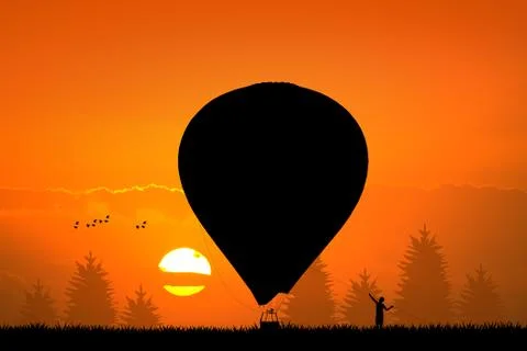 Hot air balloon at sunset Stock Illustration