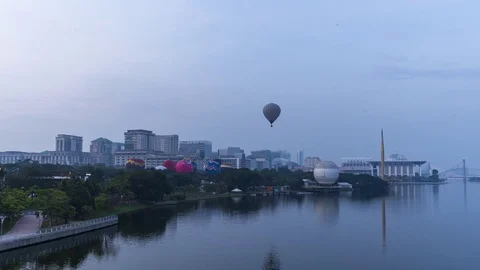 Hot air balloon time lapse motion over Putrajaya city Stock Footage 107075848