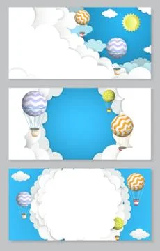 Hot air balloon vector paper cut horizontal banner set Stock Illustration