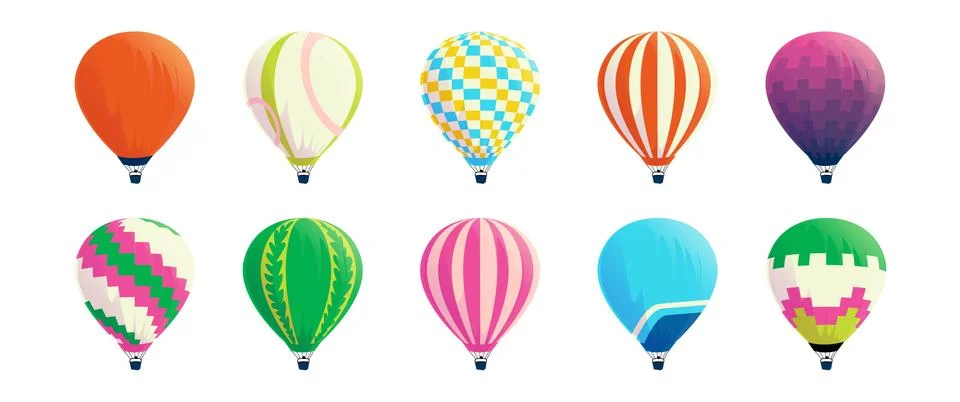 Hot air balloons. Cartoon colorful airships. Bright striped domes with baskets Stock Illustration