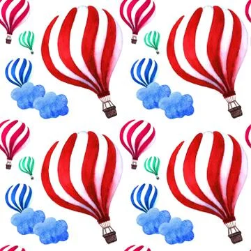Hot air balloons with cute clouds pattern. Bright colors design. Baby showe.. Illustrazione stock