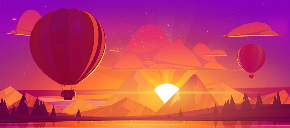 Hot air balloons flying in sunset sky above pond Stock Illustration