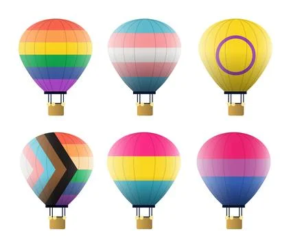 Hot air balloons pride flags LGBTQ colorful festival celebration set isolated on Stock Illustration