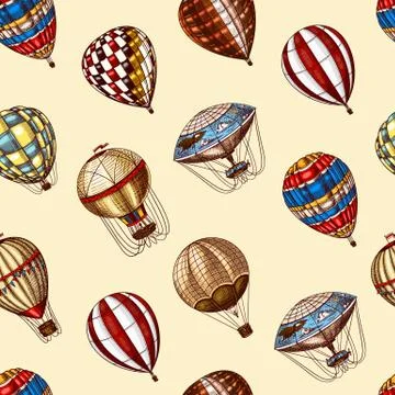 Hot Air Balloons seamless pattern. Vector retro flying airships. Template イラスト素材