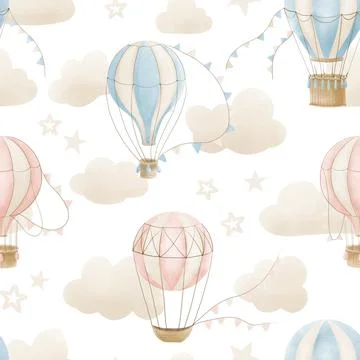Hot air Balloons seamless Pattern. Watercolor hand drawn background with retro Stock Illustration