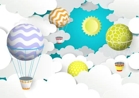 Hot air balloons in the sky, vector illustration in paper art style Stock Illustration