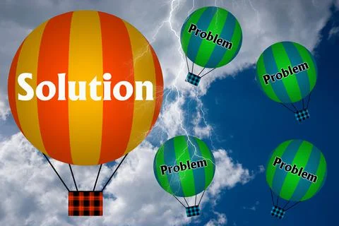 Hot air balloons with SOLUTION concept. Abstract background, Thinking and Cre Illustrazione stock