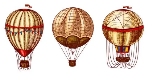 Hot Air Balloons. Vector retro flying airships with decorative elements Stock Illustration