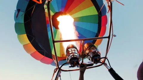 Hot air baloon double burner firing in air Stock Footage