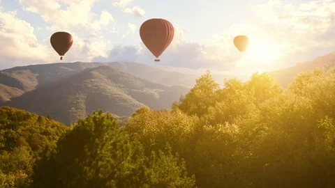 Hot Air Baloons Aerial Drone Flight Over Beautiful Autumn Forrest at Sunet Stock Footage