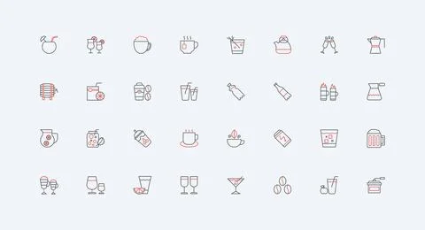 Hot and cold drinks, restaurant bar menu line icon set, coffee and tea, alcohol Stock Illustration