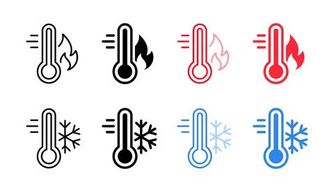 Hot and cold temperature icon set. Thermometer with snowflake and fire vect.. Stock Illustration