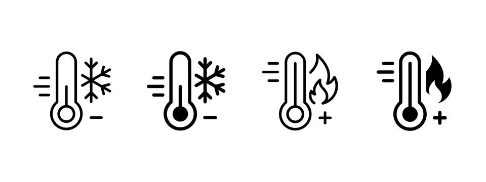 Hot and cold temperature thermometer icon set. High and low heat symbol. Fr.. Stock Illustration