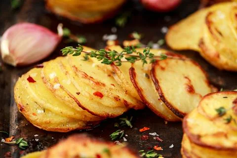 Hot Baked crispy potato stack with parmesan cheese and herbs Stock Photos