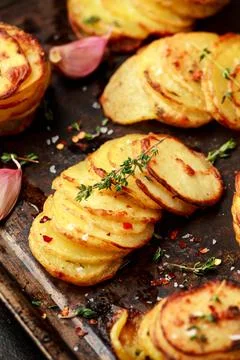 Hot Baked crispy potato stack with parmesan cheese and herbs Stock Photos
