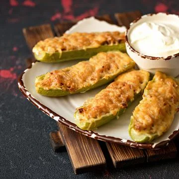 Hot baked slices of zucchini with cheese in clay plate on table. Close-up shot Stock Photos