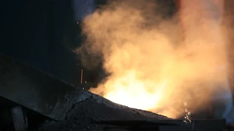Hot billet (bloom) continuous casting, strand casting. Metallurgical Stock Footage 149949096