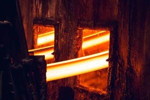 Hot billet bloom continuous casting, also called strand casting. Stock Photos