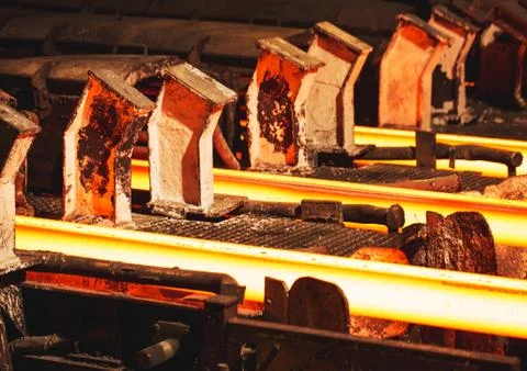 Hot billet bloom continuous casting, also called strand casting. Stock Photos