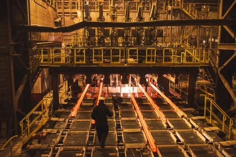 Hot billet bloom continuous casting, also called strand casting. Stock Photos
