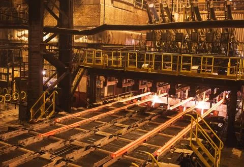 Hot billet bloom continuous casting, also called strand casting. Stock Photos