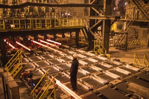 Hot billet bloom continuous casting, also called strand casting. Stock Photos