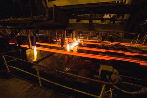 Hot billet bloom continuous casting, also called strand casting. Stock Photos