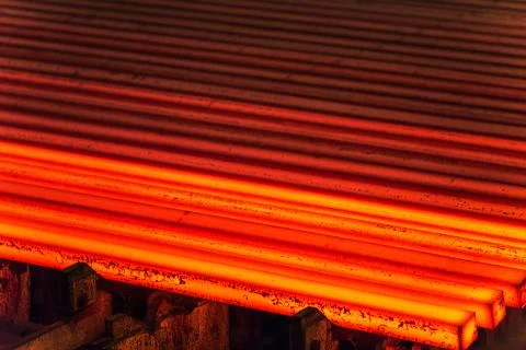 Hot billet bloom continuous casting, also called strand casting. Stock Photos