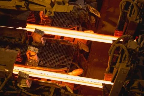 Hot billet bloom continuous casting, also called strand casting. Stock Photos