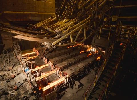 Hot billet bloom continuous casting, also called strand casting. Stock Photos