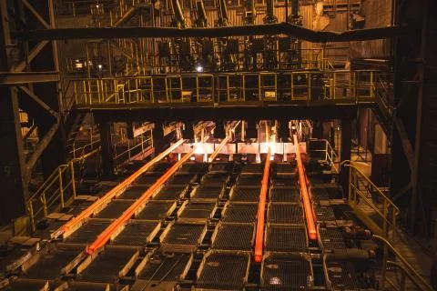 Hot billet bloom continuous casting, also called strand casting. Stock Photos