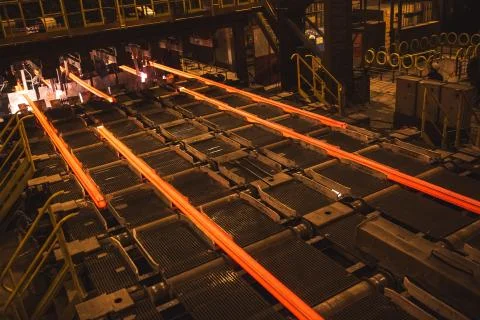 Hot billet bloom continuous casting, also called strand casting. Stock Photos