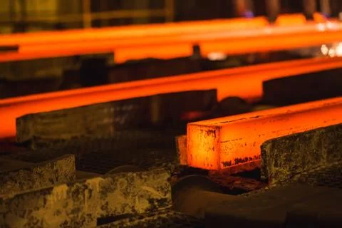 Hot billet bloom continuous casting, also called strand casting. Stock Photos