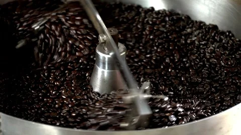 Hot black roasted coffee bean in machine cooling roastery machine industria.. Stock Footage 272457730