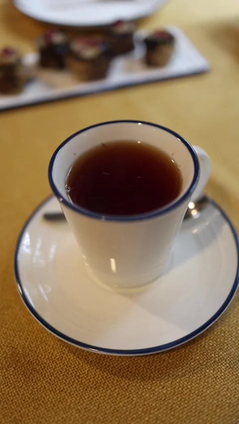 Hot black tea in cup cozy cafe relaxing drink moment Stock Footage 330904018