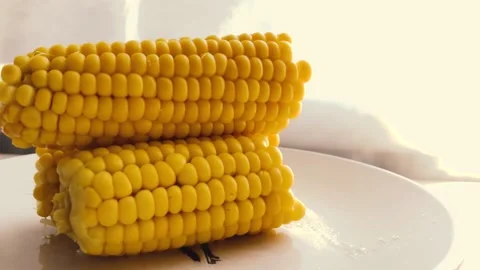 Hot, boiled corn sprinkled with salt. Stock Footage 134705665