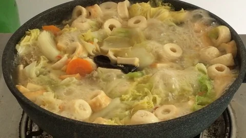 Hot boiling, Soup with vegetables Stock Footage 81514882
