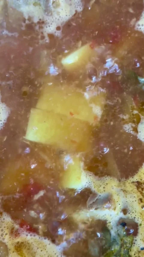 Hot boiling vegetable soup with potato chunks in pot Stock-Footage 331983427