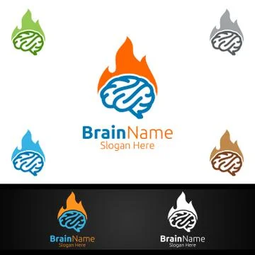 Hot Brain Technology Logo with Think Idea Concept Design Illustrazione stock