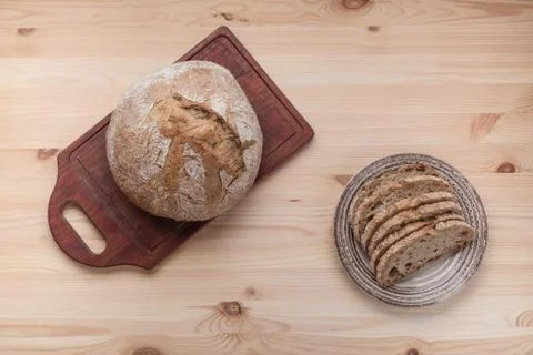 Hot bread on a table made of wood. Copyspace. Template with place for text. 스톡 사진
