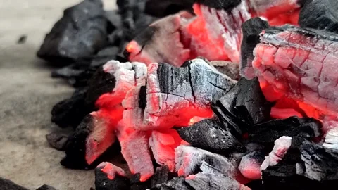 Hot burning charcoal with red embers and white ash Видео 336877268